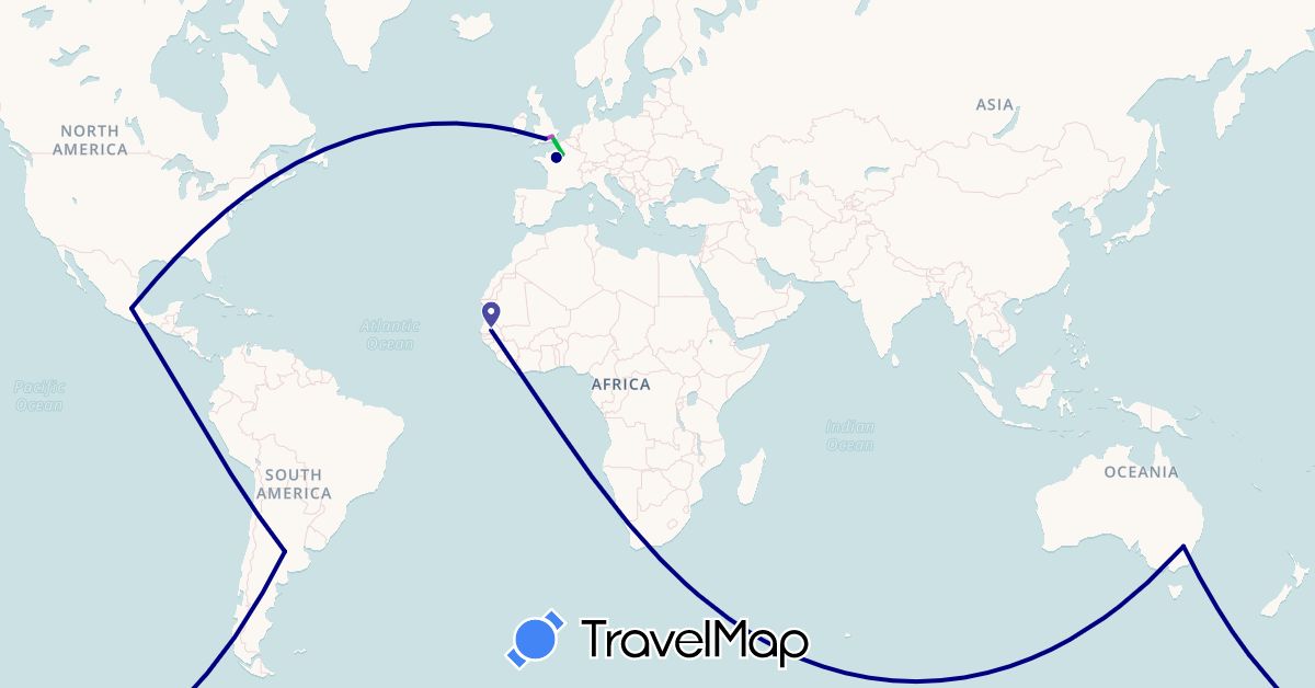 TravelMap itinerary: driving, bus, train in Argentina, Australia, France, United Kingdom, Mexico, Senegal (Africa, Europe, North America, Oceania, South America)